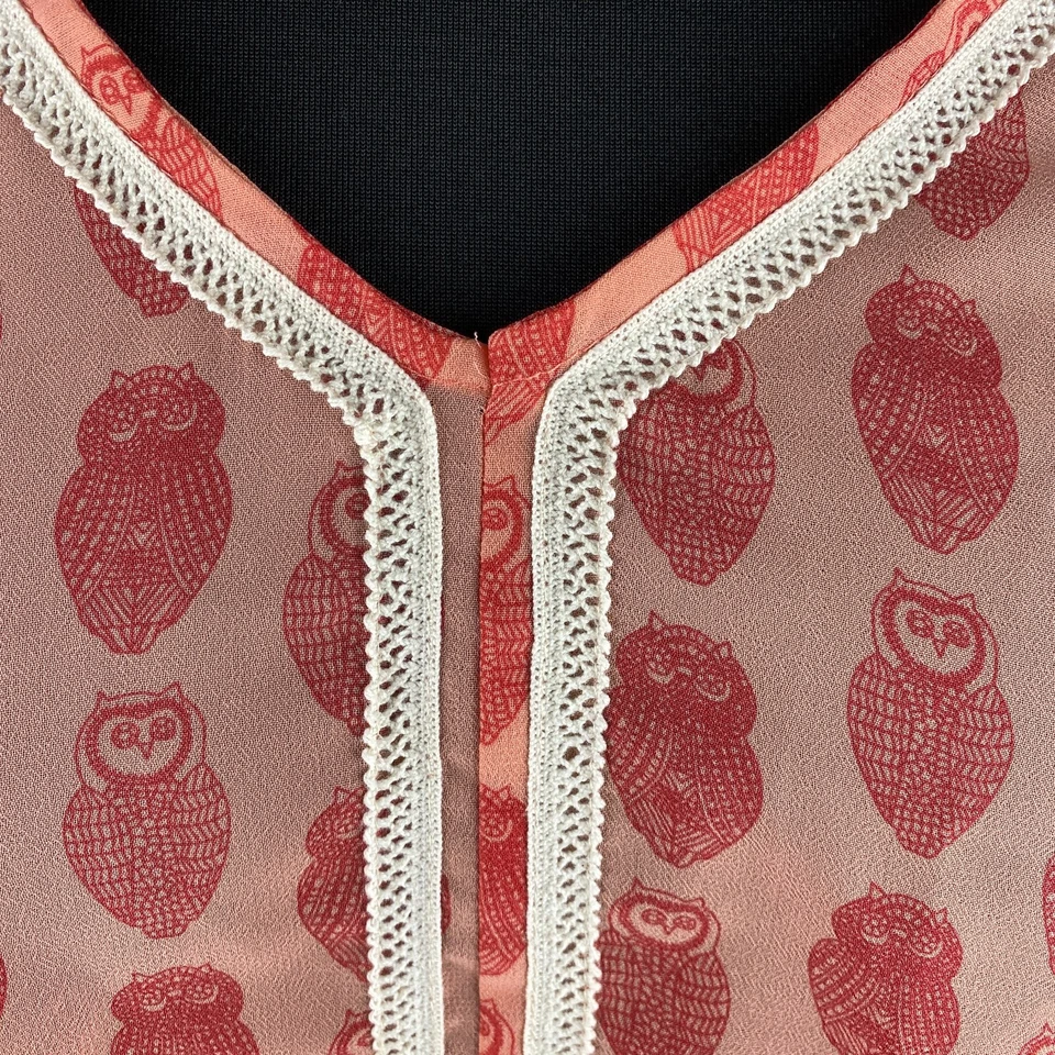 Maison Jules Top Womens Semi Sheer Allover Owl Print Lace Trim Flutter Sleeve M - Image 3 of 4