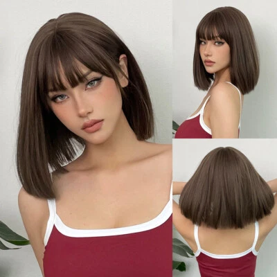 MISSWEN Bob Straight Heat Resistant Synthetic Hair Cosplay Wigs With Fringe Dark brown