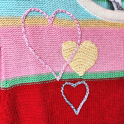 Vintage Breckenridge Ramie Cotton Sz S Striped Heart Embroidered Sweater - Picture 4 of 10