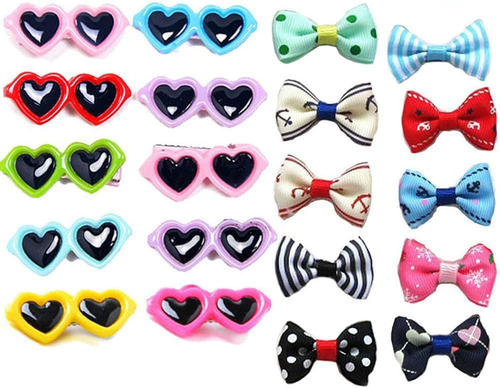 20Pcs Dog Hair Clips - Heart Sunglass Pet Hair Bows Alligator Hairpins Small Ani