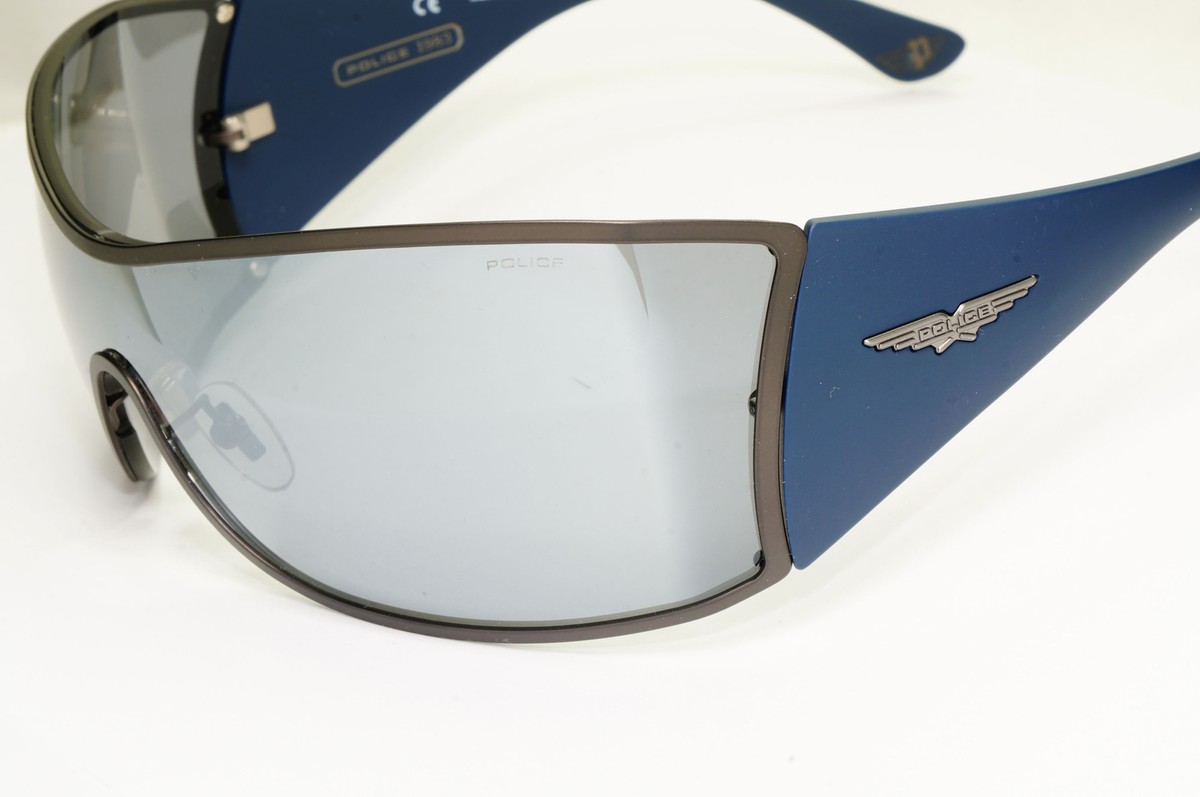新品 ポリス POLICE ORIGINS SPORT SILVER Police Sunglasses Silver Shield Visor Large Blue Origins 9