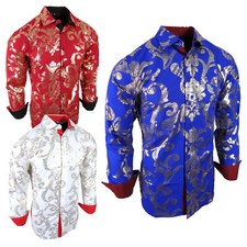 Mens Shirt Paisley Floral Stripe Shiny Gold Foil Prints Button Up Silky Stretch