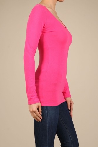 CAMISETAS DE ALGODÓN CUELLO EN V manga larga para mujer/junior top liso S-XL SJ2022 - Imagen 33 de 72