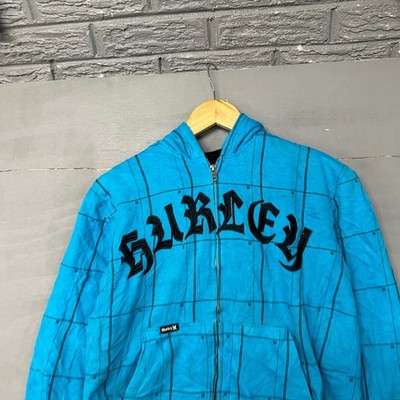 Hurley Full Zip Hoodie Turquoise Blue Black Grid Gothic Logo Mens Boys Medium