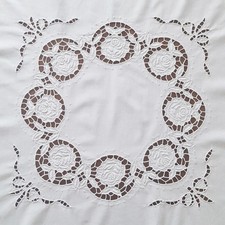 Vintage White Cotton Tablecloth Embroidered Roses, Eyelet Cutwork 33" x 31"