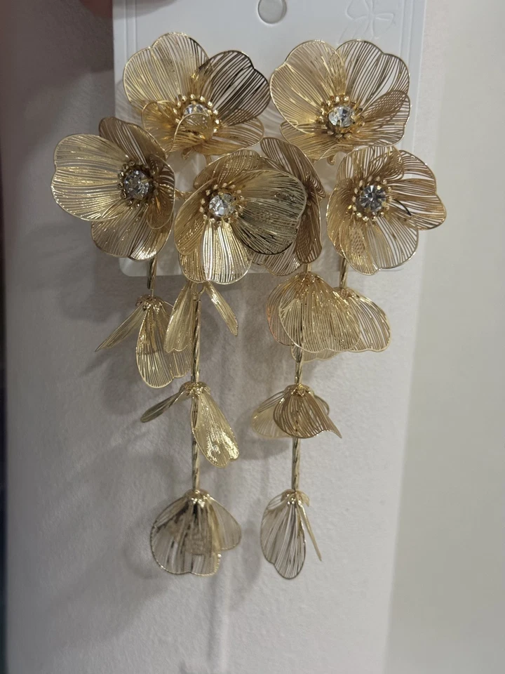 New Statment Gold Earrings Long Drop Dangle Chunky Floral Style Crystal Boho za - Image 4 of 4