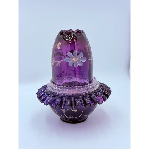 Fenton Amethyst Glass Fairy Lamp Hand Painted Floral 3 Piece Limited 513/2950