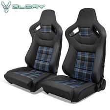 Universal Racing Seat Reclinable 2pc Dual Slider Microfiber Leather Blue Plaid Universal Racing Seat Reclinable 2pc Dual Slider Microfiber Leather Blue Plaid