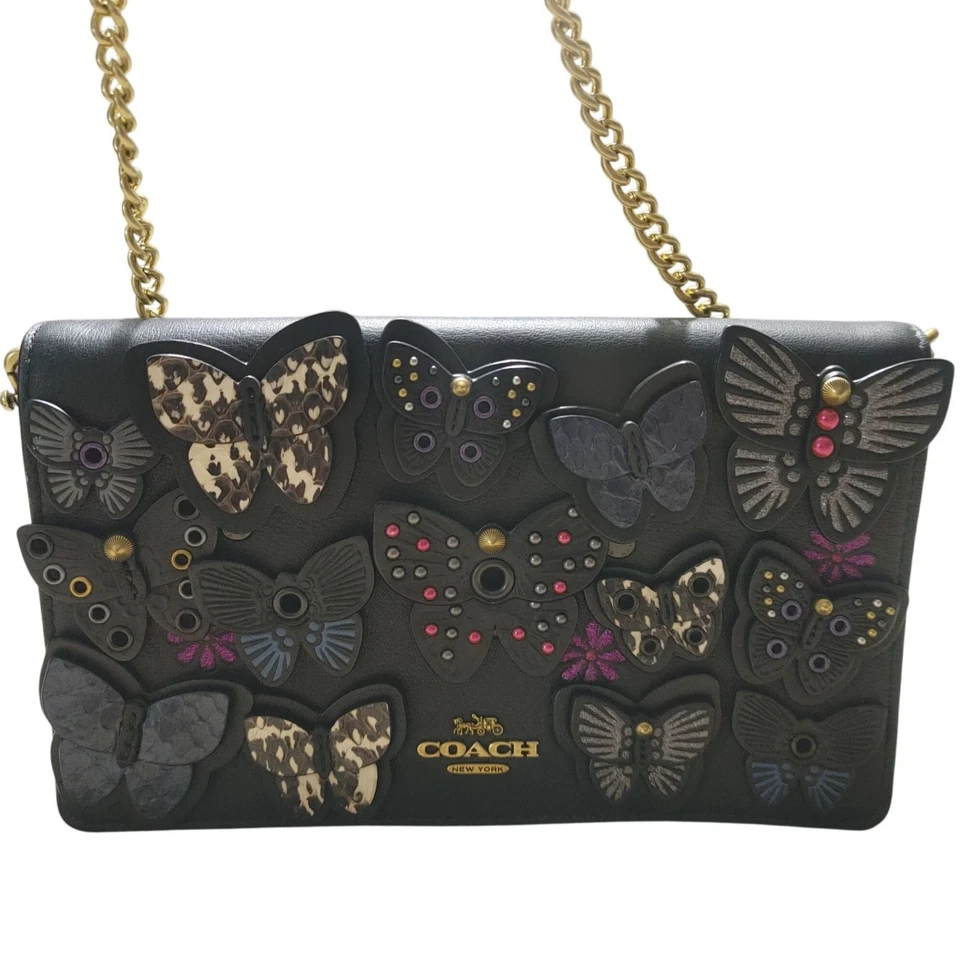 Coach New York Butterfly Appliqué Crossbody Bag Black Leather Gold Chain Strap - Image 2 of 4