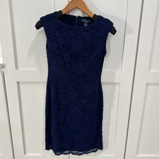 Lauren RALPH LAUREN Blue Boat neck Cap sleeve Soutache Floral Lace Dress Size 2