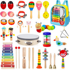 Toddler Musical Instruments Set, 32 PCS 19 Kinds Wooden Percussion Instruments T