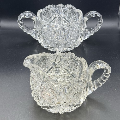 Antique American Brilliant Cut Glass Double Handled Creamer and Sugar Excellent