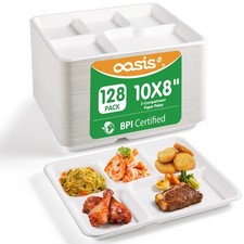 128Pack 10x8 5Compartment Divided Plates Heavy Duty Compostable White