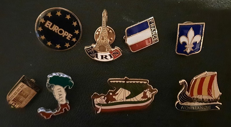8 Souvenir Pinbacks from Europe: Paris, France, Innsbruck, Italy, Normandy