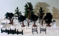Lot 23 Christmas Village Set - Fiber Optic, Snow Trees, Deciduous + Fenceposts