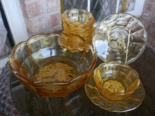Yellow Glass Fruit Salad Serving Bowl and Individual Serving Set Vintage