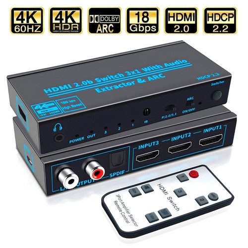 HDMI Switch With Audio 4K 60Hz HDMI2.0b 3 in 1 out Switcher Extractor 1080P 720P - Foto 3 di 17