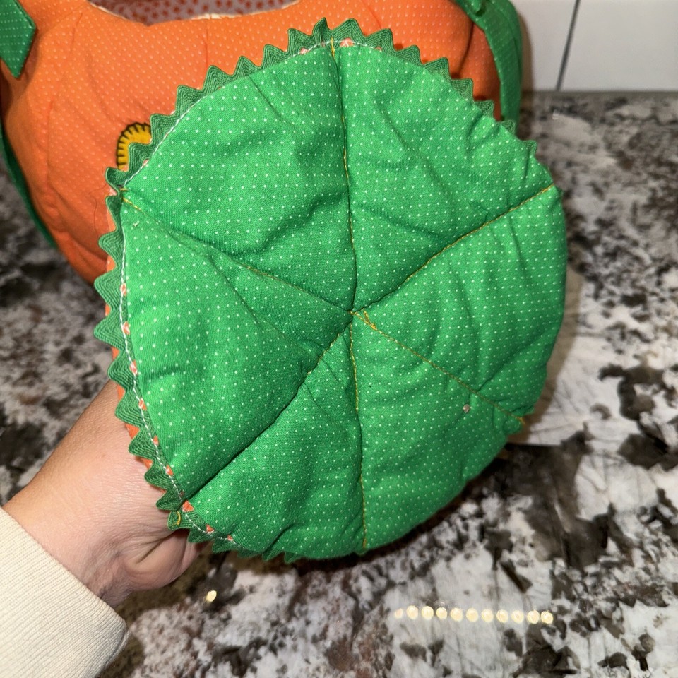 Vtg Handmade Quilted Fabric Halloween Jack O Lantern Pumpkin Candy Pail