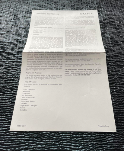 Sony Consumer 2 Jahre Garantie Kanada Kanadisch Englisch/Französisch 2-652-132-01