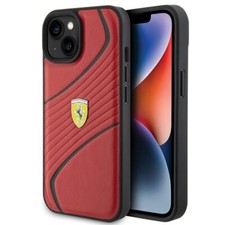 Handyhülle Case iPhone 15 Ferrari Kunstleder rot mit gelben Logo Metall