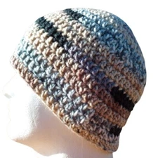 Men's Skully Beanie Hat Handmade Naturals Striped Crochet Hiking Outdoors L
