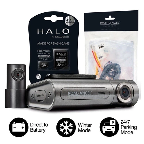 Road Angel Aura HD3 Halo Pro 2K Front Rear Dash Cam with SD Card Hardwire Kit