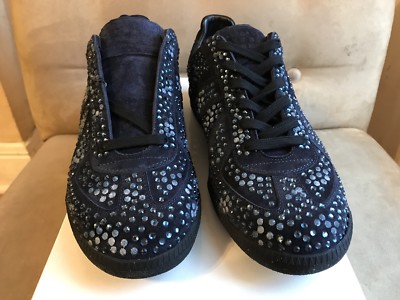 MAISON MARGIELA STUDDED NAVY BLUE SUEDE SWAROVSKI LOW TOP SNEAKERS