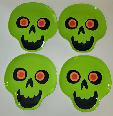 4 ct Set Hyde & Eek Melamine 9  Plates Green Skeleton Skull Halloween Lot Salad