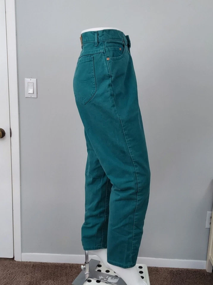 Jeans verdes raros hechos por Lee Union vintage de los 90 con costuras azules, cintura alta, talla 30 pulgadas Foto 3 de 4