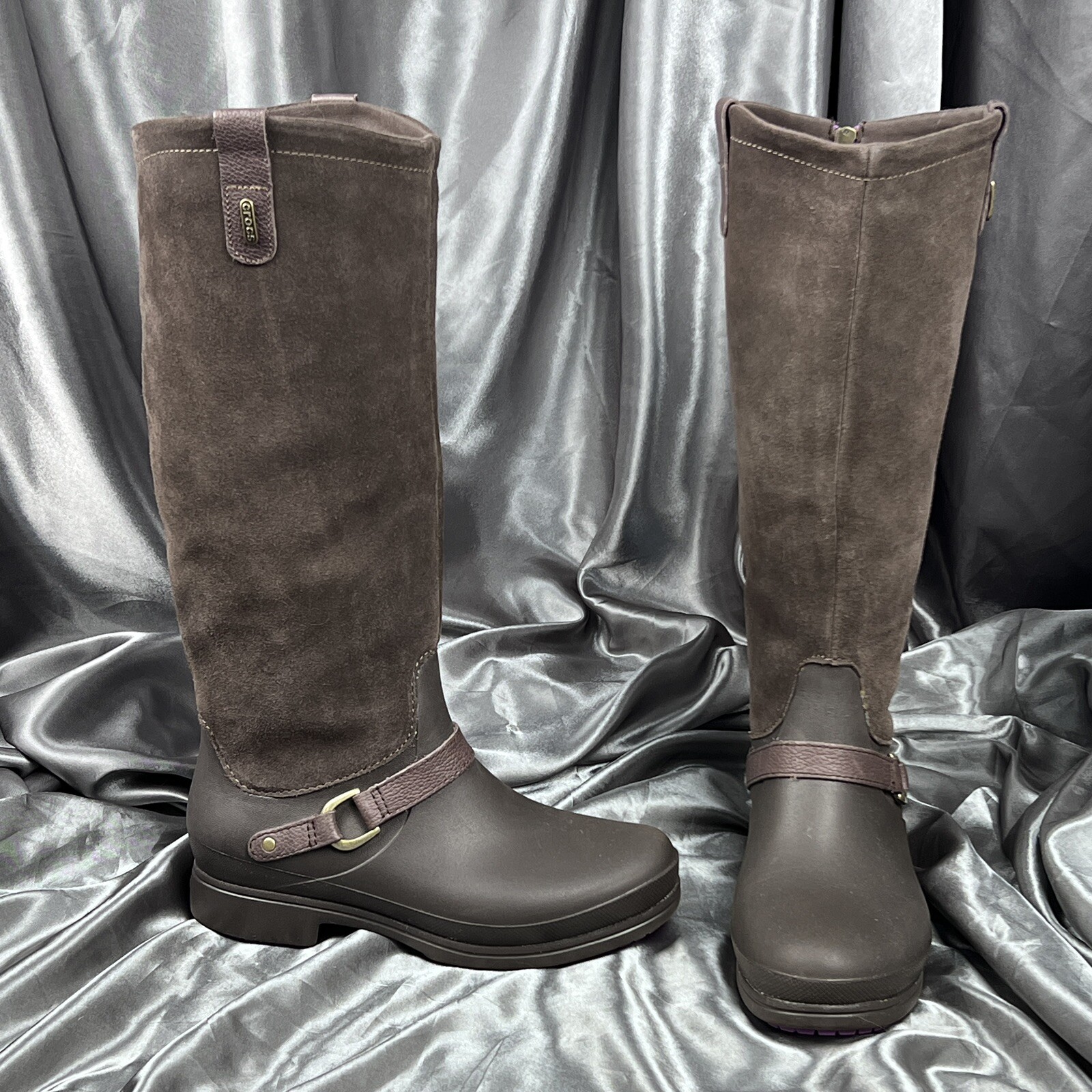 Crocs Tall 18” Brown Suede Equestrian Boots Women’s Size 9 with Rubber Soles Zip 12437