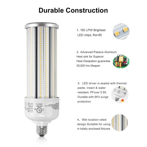 54w Led Corn Light Bulb 200W Metal Halide Warehouse High Bay E39 Mogul Base 6000 - Picture 3 of 7