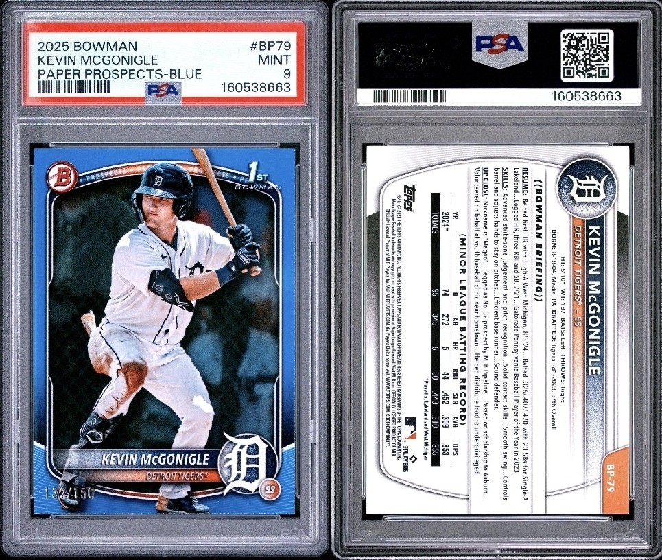 2025 Bowman Prospects Kevin McGonigle #BP-79 Blue /150 (RC) PSA 9 🔥🔥 view 3