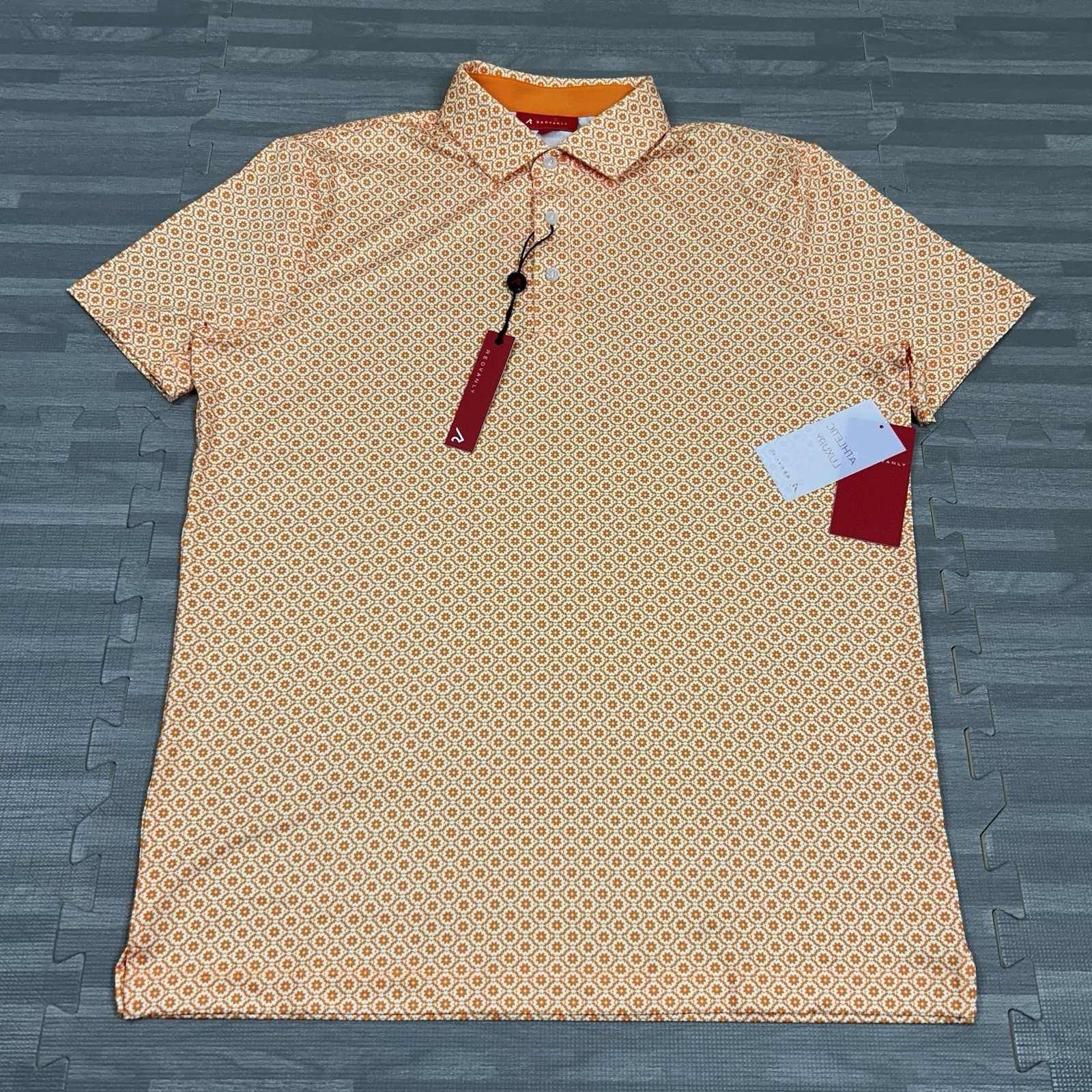 Redvanly Harrow Polo Shirt Golf Performance Mens M Geo Tangelo Orange AOP $110