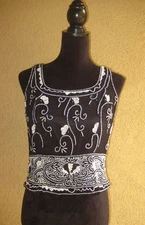 Vintage Mark & John black silk white/blk/silver bead/sequins lined evening top M