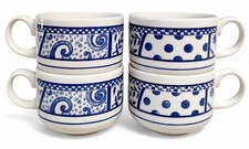 Very Rare Set of 4 Vintage Churchill CCH9 Blue Geometric Breakfast Cups 2.5"