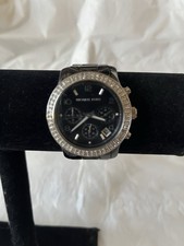Michael Kors Black Women's Chronograph Wristwatch Gem-Set Bezel Metal Bracelet