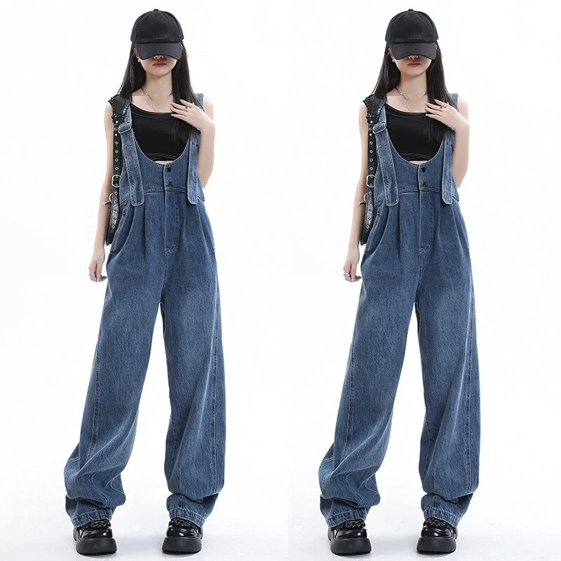 Fashion Womens Girls Denim Wide Leg Straight Pants Jumpsuits Jeans  Long New - Image 2 of 4
