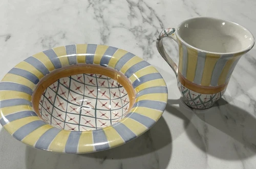 Vintage MacKenzie-Childs Monet Flat Rim Cereal Soup Bowl & Coffee Cup Mug Luxury