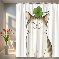 Cute Cat Shower Curtain with Clover Design