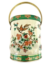 Vintage Tin Tea Container  with handle - floral bird container Daher England