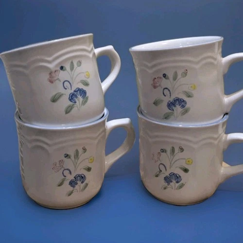 Coffee/ Tea Mugs, Floral Expressions, Set of 4, Cottage Cups Vintage Stoneware