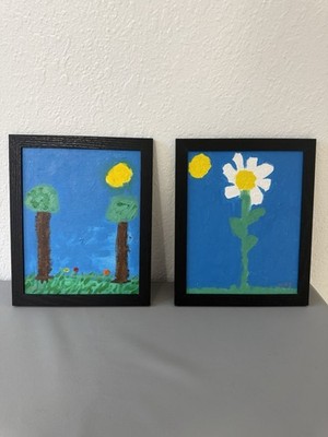 Set of 2 Framed Original Naive Art Canvas Paintings Flowers Trees Landscape 
