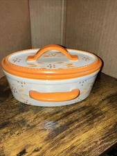 Temptations by Tara Old World Orange Oval Bakeware w/Lid, Side Handles, Ceramic