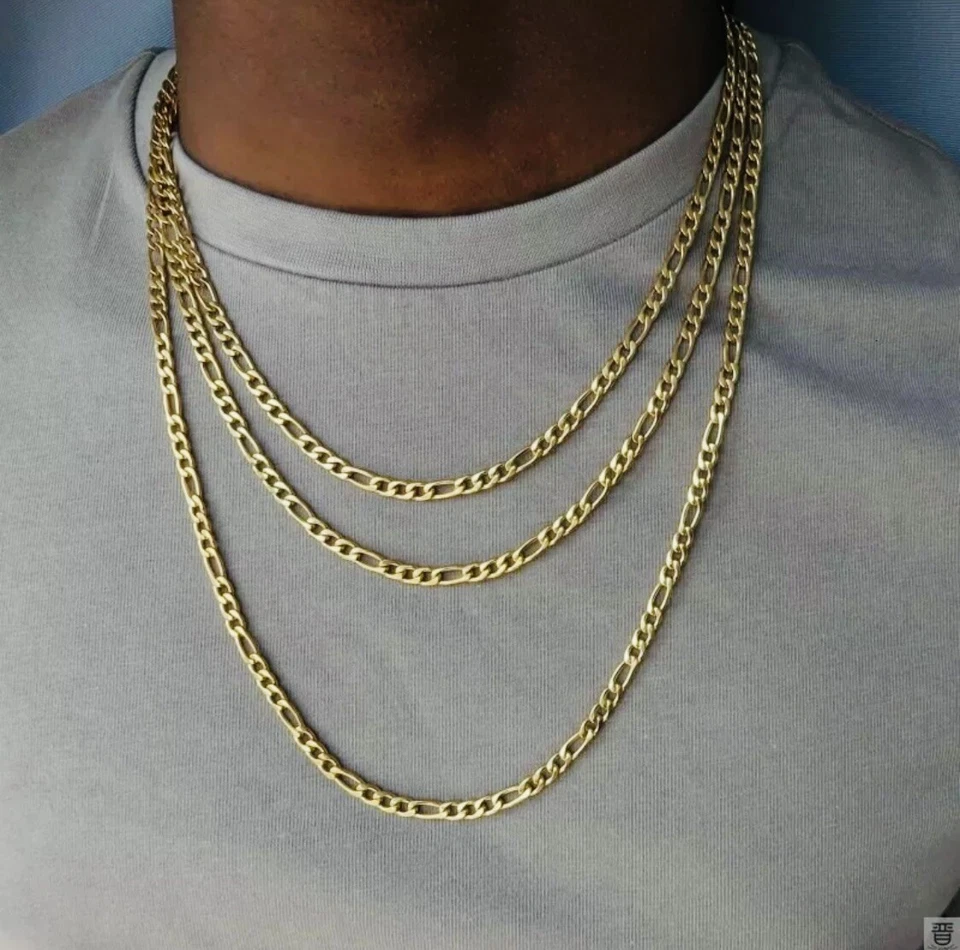 Collar Figaro Cubano Cadena Bordillo Acero Inoxidable Relleno Oro 18k 8-24 3-7mm Hombre Foto 2 de 4