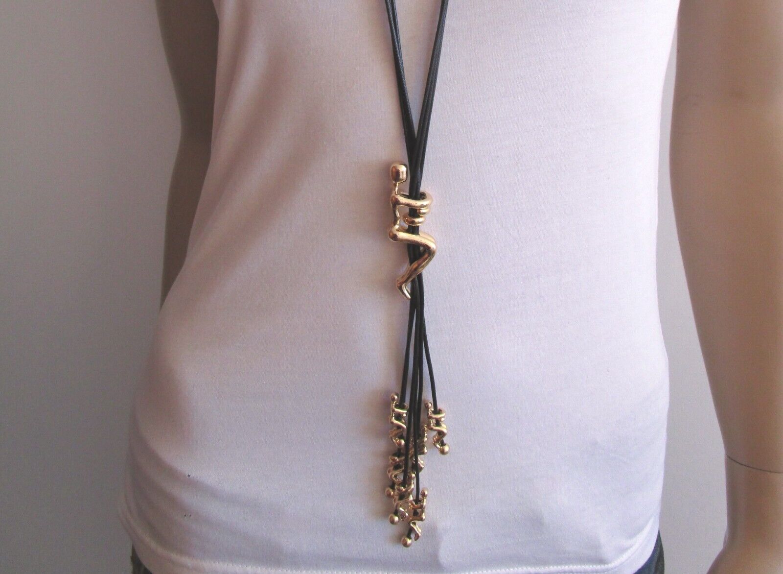 Damen Halskette Modekette Bettelkette Band lang Gold Schwarz Wirbelwind Charms D