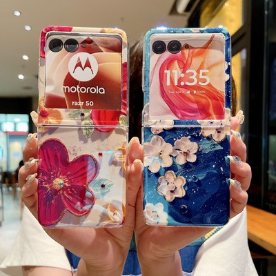 For Motorola Razr+Plus 2024 Blue-Ray Glossy Flower Slim Shockproof PC Case Cover