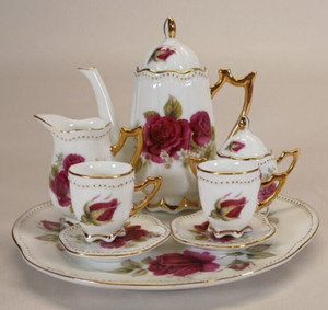 Antique 7 Piece Child's Doll China Tea Party Set Dark Pink Roses