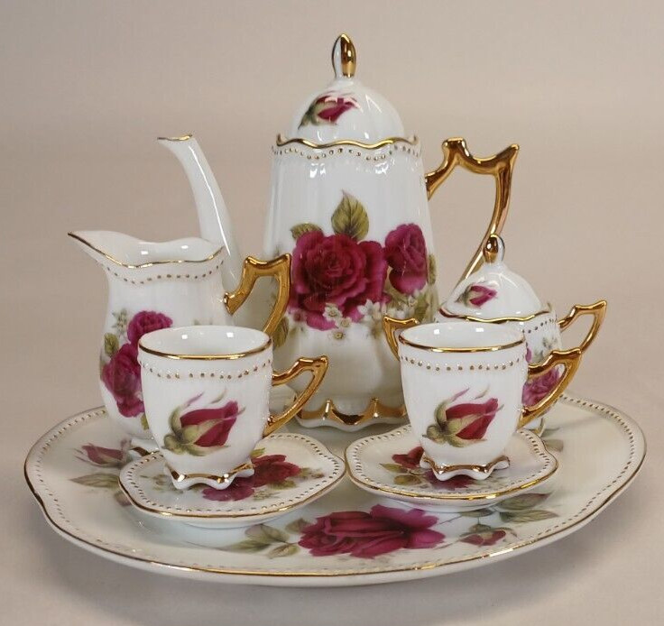 Antique 7 Piece Child's Doll China Tea Party Set Dark Pink Roses