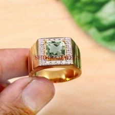 Natural Green Amethyst Gemstone With 14K Gold Plated Silver Ring For Men's #1415