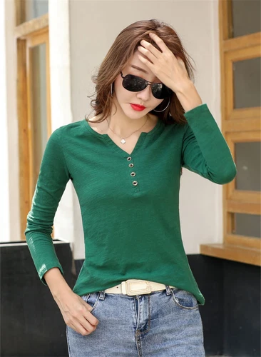 Womens Cotton Long Sleeve T Shirt Loose V Neck Slub Cotton Casual Blouse Tops US - Bild 48 von 49